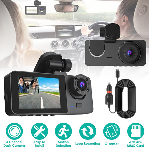 3-Channel Dash Cam — Front, Cabin & Rear with 32GB Card