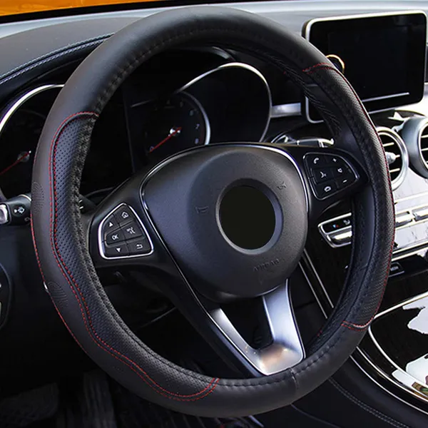 Steering Wheel Cover — Fiber Leather, 14.5–15in, Black/Red Stitch