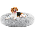 Round Fluffy Plush Pet Bed 24in — Grey, Anti-Slip Bottom