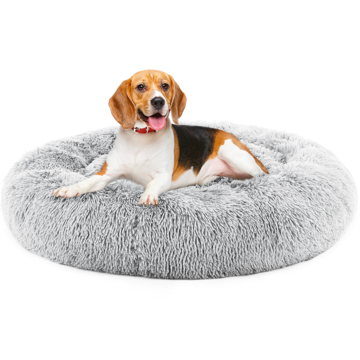 Round Fluffy Plush Pet Bed 24in — Grey, Anti-Slip Bottom