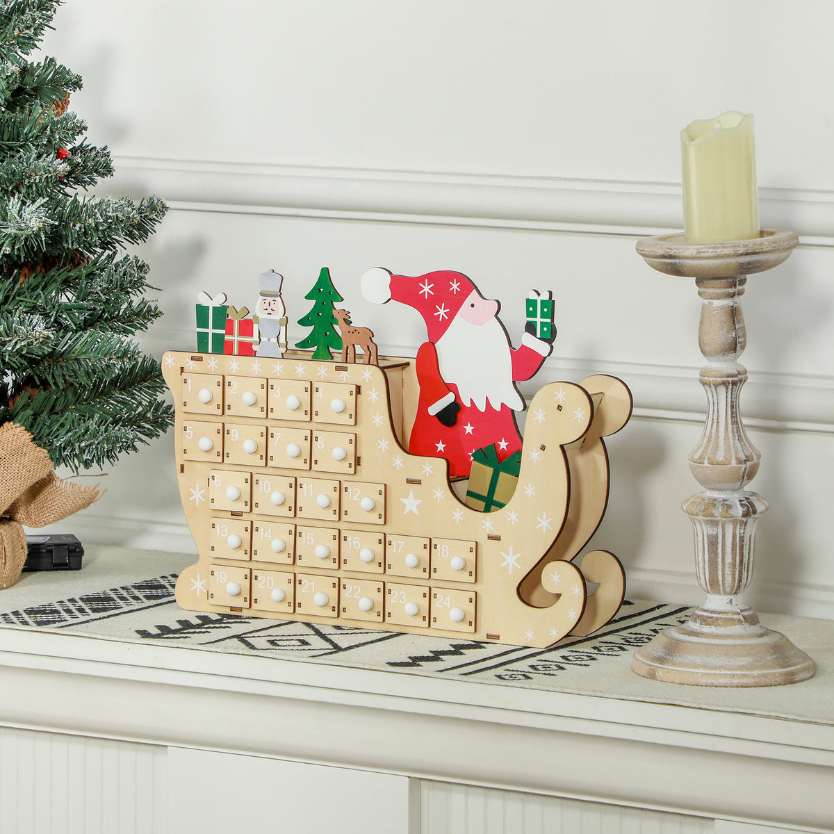 Wooden Advent Calendar — 24 Countdown Drawers, Reusable Christmas Decor