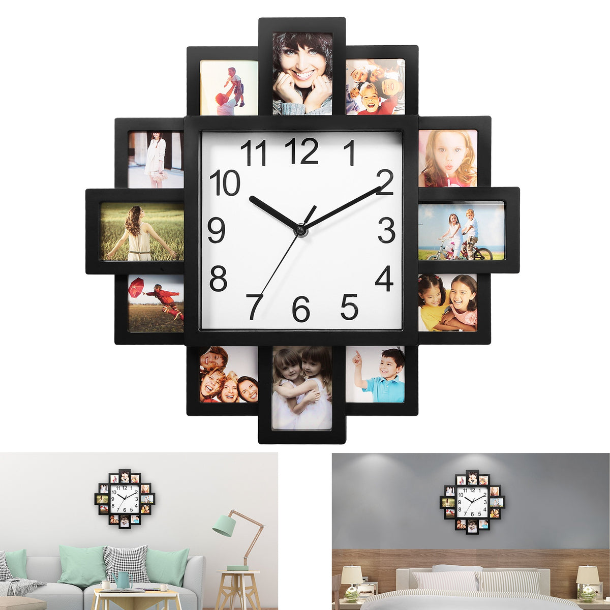 Photo Collage Wall Clock — 12-Picture Frame, Black