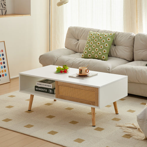 Rattan Coffee Table 41in — White