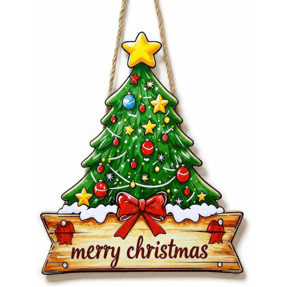 Wooden Christmas Welcome Door Sign — Hanging Tree Sign, Green