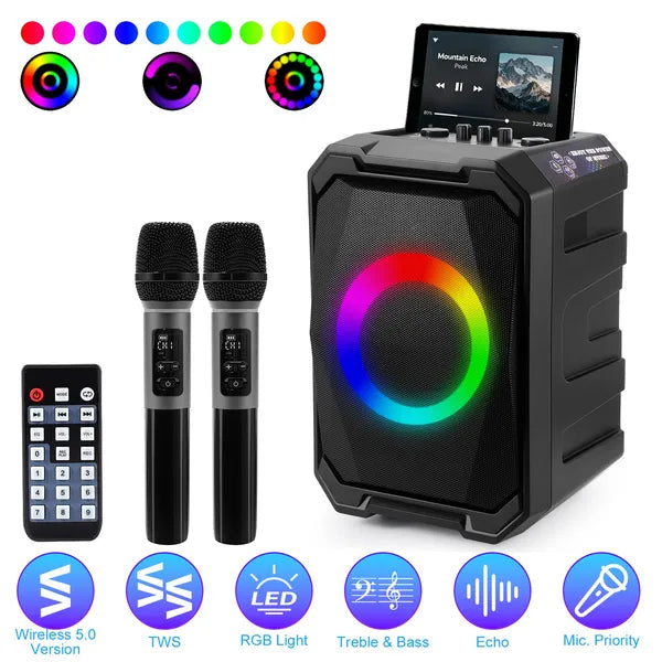 Portable Party Speaker — 80W Bluetooth Speaker with LED Lights & 2 Wireless Mics