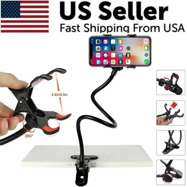 Gooseneck Phone Stand — Flexible Clip Holder for Bed & Desk, Black