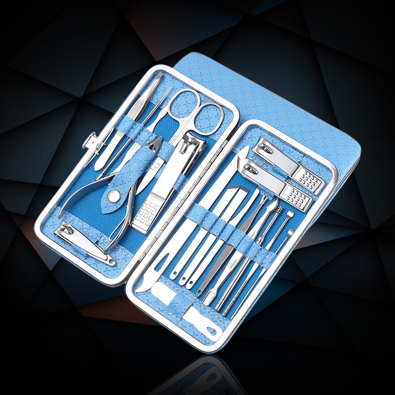 Manicure & Pedicure Set 19-in-1 — Stainless Grooming Kit, Blue Case