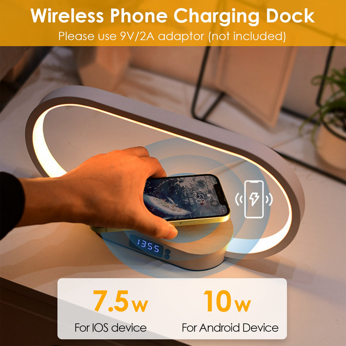 Bedside Lamp with Clock + Wireless Charging — Touch Control LED