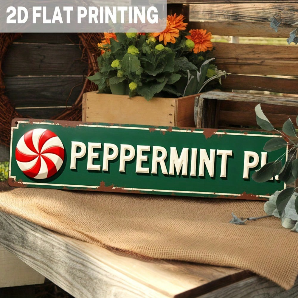 Vintage Peppermint Candy Cane Metal Sign — Christmas Wall Decor