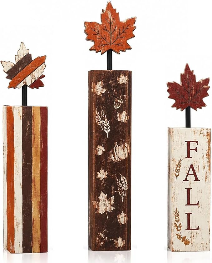 Vintage Fall Wooden Pillar Decor Set of 3 — Maple Leaf Harvest Accents, Orange