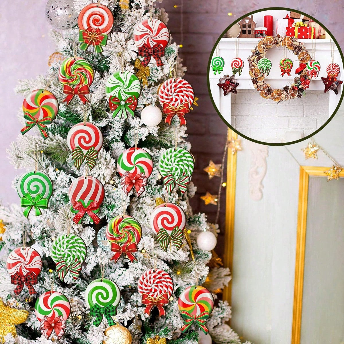 Peppermint Christmas Ornaments 24-Pack — Wooden Lollipop Hanging Decor