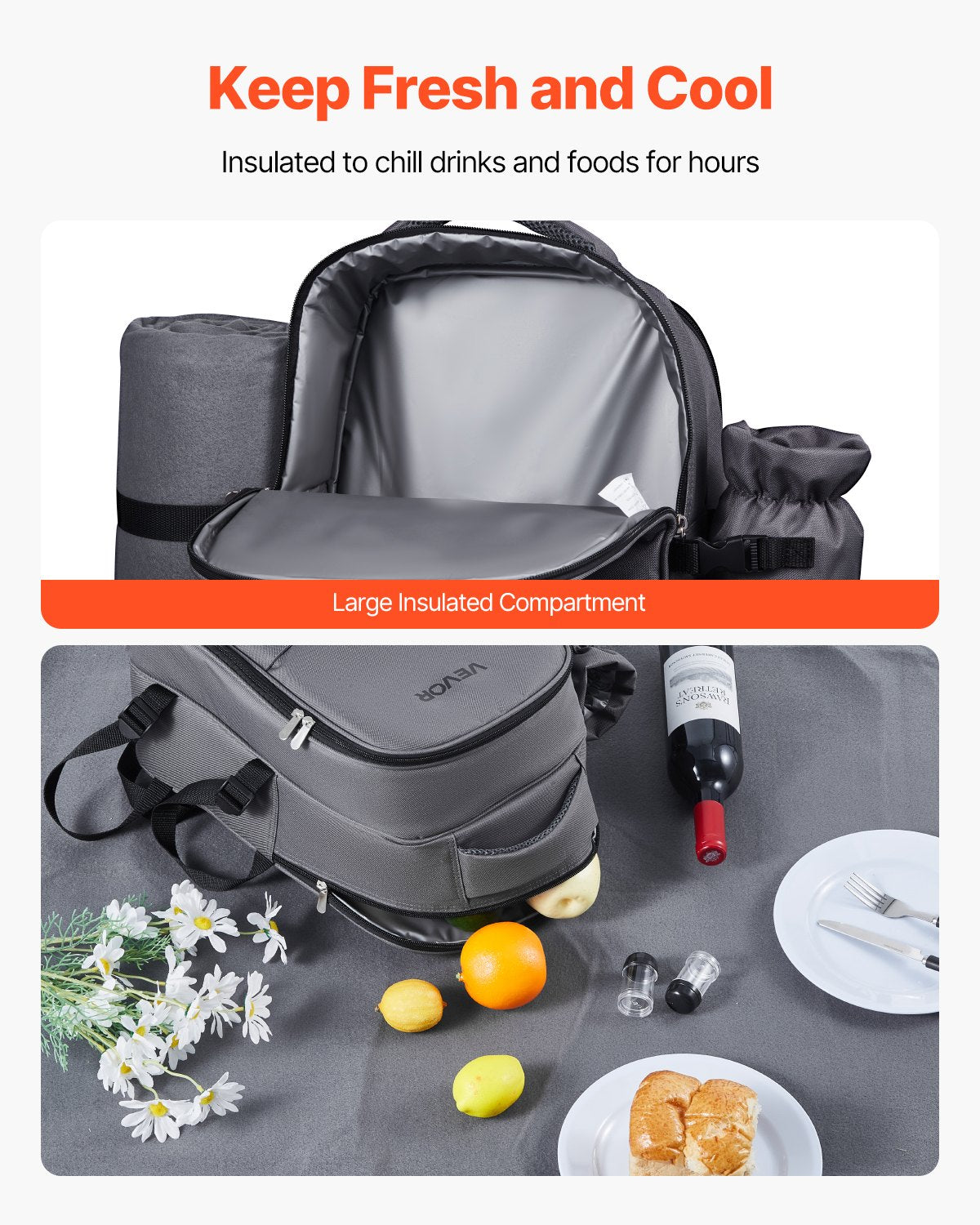 Picnic Backpack for 2 with Cooler Compartment — Grey