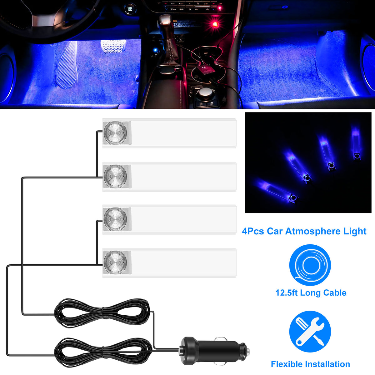 Car Interior LED Lights 4-Pack — Blue