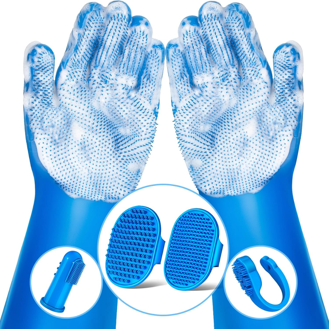 Pet Grooming Bath Kit 6-Piece — Washing Gloves & Bath Brushes, Blue