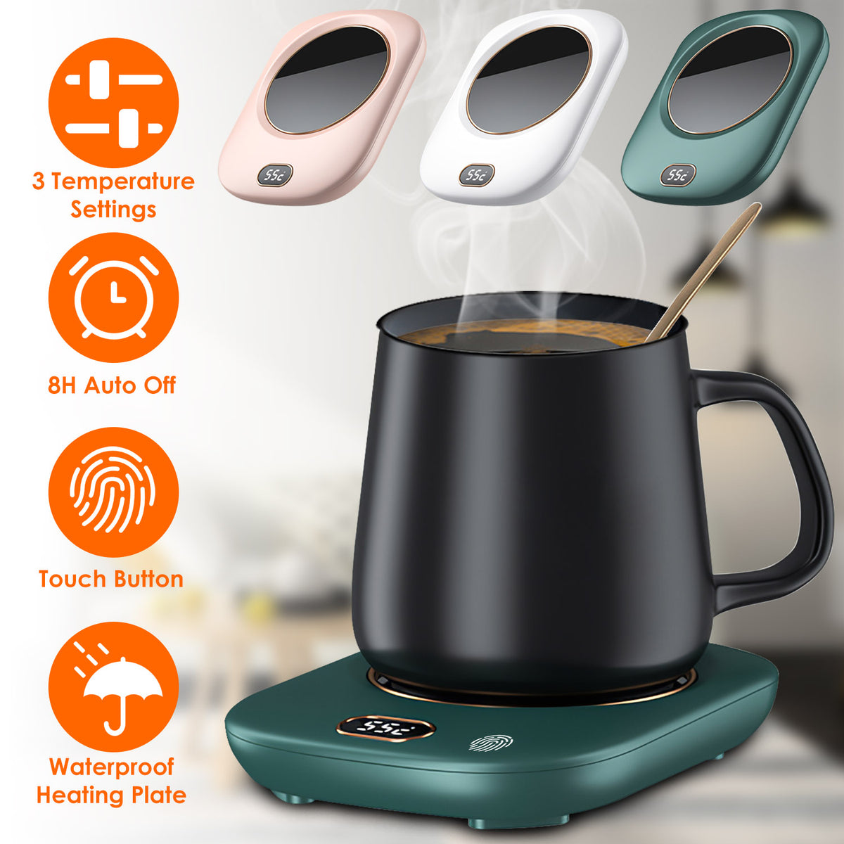 USB Coffee Mug Warmer — 3 Heat Settings, Auto Shut-Off, Green