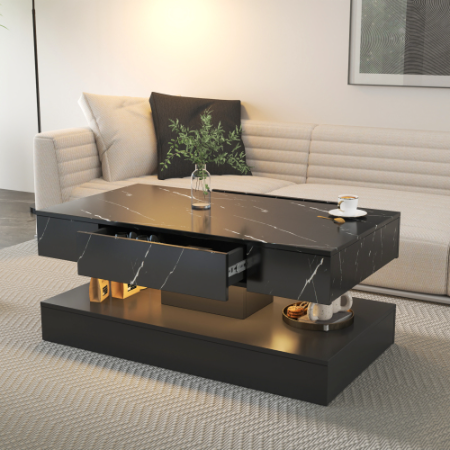 LED Coffee Table — Modern Light-Up Living Room Table, Black Marble Finish