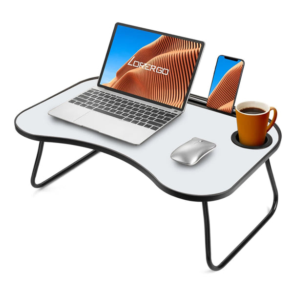 Portable Laptop Desk — Foldable with Cup Holder, Grey/White
