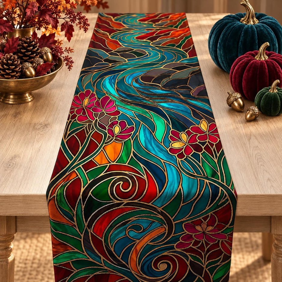Fall Table Runner — Stained-Glass Pattern Thanksgiving Decor