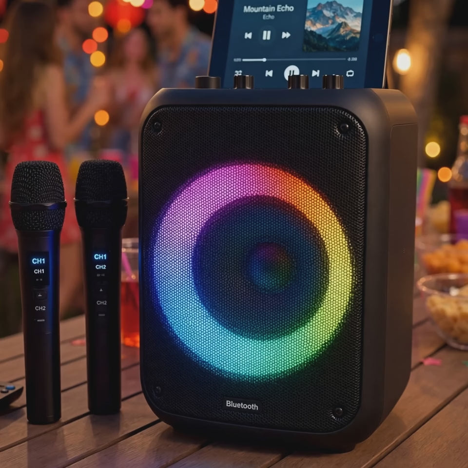 Portable Party Speaker — 80W Bluetooth Speaker with LED Lights & 2 Wireless Mics demo video